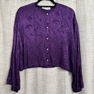 Zara Satin Jacquard Long Sleeve Flowy Top Rhinestone Buttons Purple Size Medium